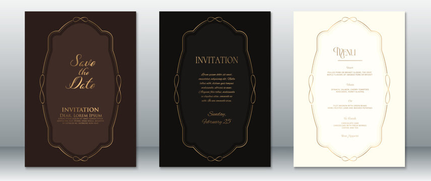 Classic wedding invitation and menu card templates designed with elegant gold frames on dark brown, solid black, and light cream backgrounds. Perfect for formal, vintage, or luxurious wedding events.