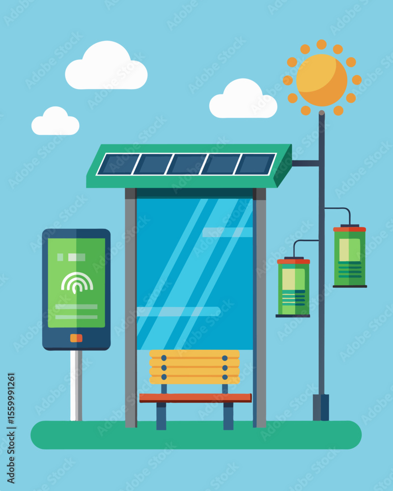Aufkleber a technologically advanced bus stop that has a touch screen display powered by solar panels providin