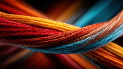 A vibrant close-up of colorful yarn strands, artistically woven together, symbolizing creativity, craftsmanship, and the beauty of handmade art.