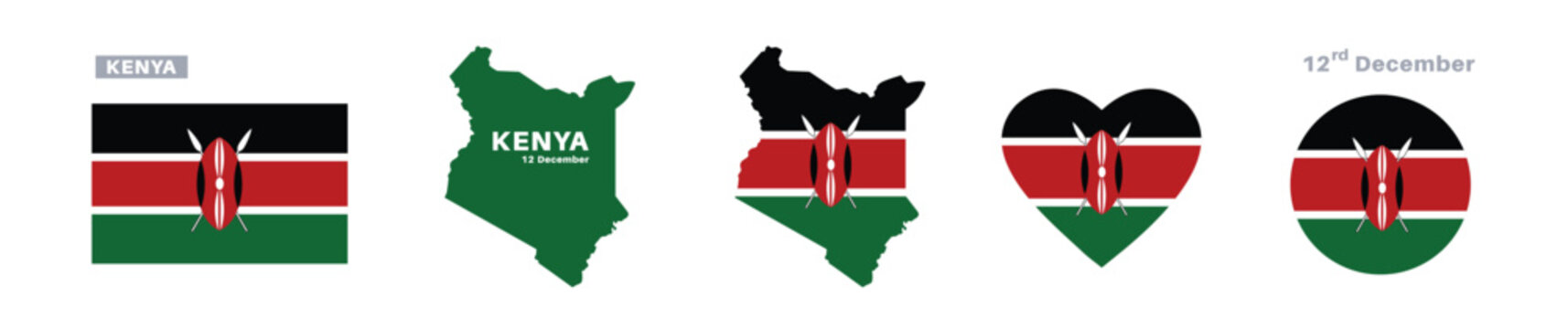 kenya flag and map set. kenya flag in official colors and proportions. independence day 12 december , map, circle and heart shaped kenya 
