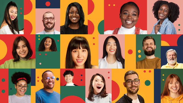Portrait collage of cheerful diverse individuals expressing positive emotions, unity and inclusion. Concept of marketing and advertising campaigns
