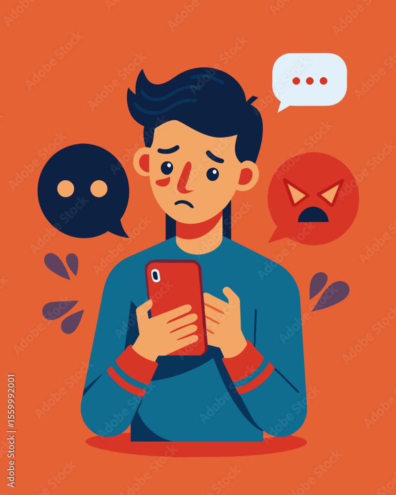 Poster a person constantly checking their phone anxious and afraid to see what mean messages or hateful com