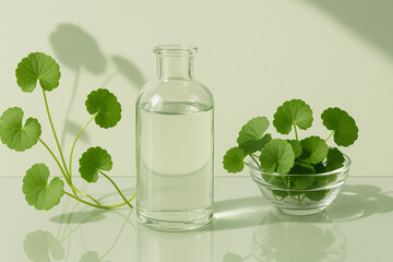 A bottle of water surrounded by fresh gotu kola leaves on a calm water surface, creating a natural, refreshing, and serene atmosphere.