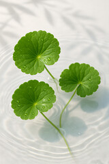 Fresh gotu kola leaves floating on water with soft ripples and dew drops, evoking natural purity, wellness, and herbal skincare aesthetics.