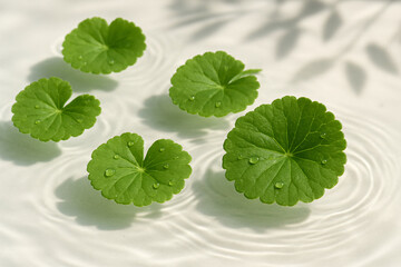 Fresh gotu kola leaves floating on water with soft ripples and dew drops, evoking natural purity, wellness, and herbal skincare aesthetics.