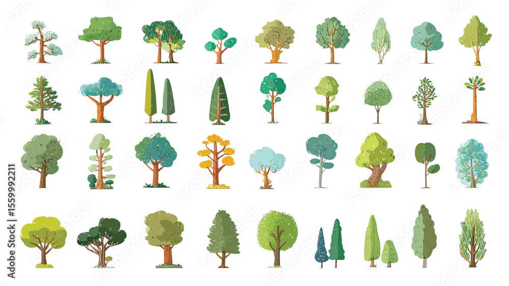 Poster various hand-drawn tree illustrations with different shapes and sizes isolated