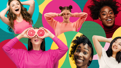 Energetic collage of young women with expressive faces, joyful gestures, and playful props. Concept...