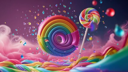 Starting rotation rainbow swirl ring shedding droplets in candy river, emerging lollipop - Powered by Adobe