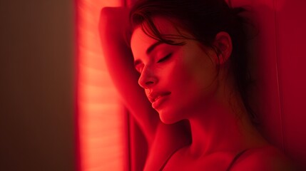 Intense Red Light Therapy Session – Serene Model Under LED Panel Glow

