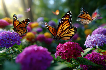 Obraz premium Butterflies fluttering over vibrant flowers in a sunlit garden during springtime