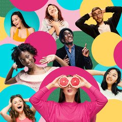 Diverse young people interacting with energy and laughter, showcasing emotion and creativity....