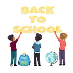 Illustration of children celebrating back to school with books, backpack, and globe, cheerful design