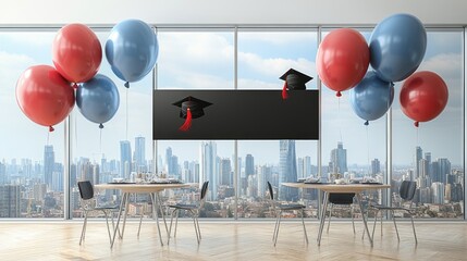 Graduation celebration in modern space.  City view