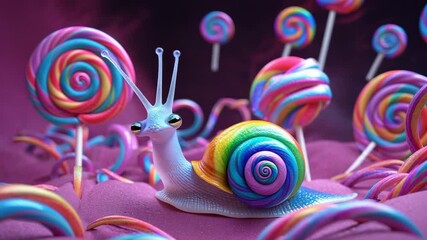 On appearing, pastel snail extending eyestalks and shifting head, surveying lollipop forest - Powered by Adobe