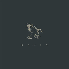 Minimalist Raven Logo, Simple Black Bird Icon with Wings and Claws