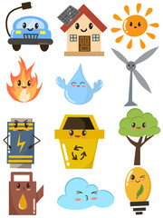 Icon illustration on the theme of sustainable living and green technology with cute cartoon style