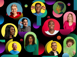 Portraits of people from different backgrounds showing emotions and expressions against colorful...