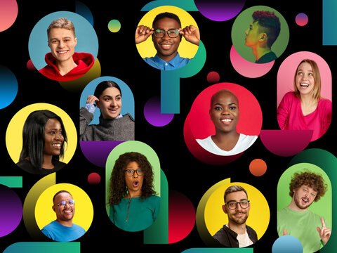 Portraits of people from different backgrounds showing emotions and expressions against colorful backdrops. Concept of social media and influencer branding, public awareness campaigns