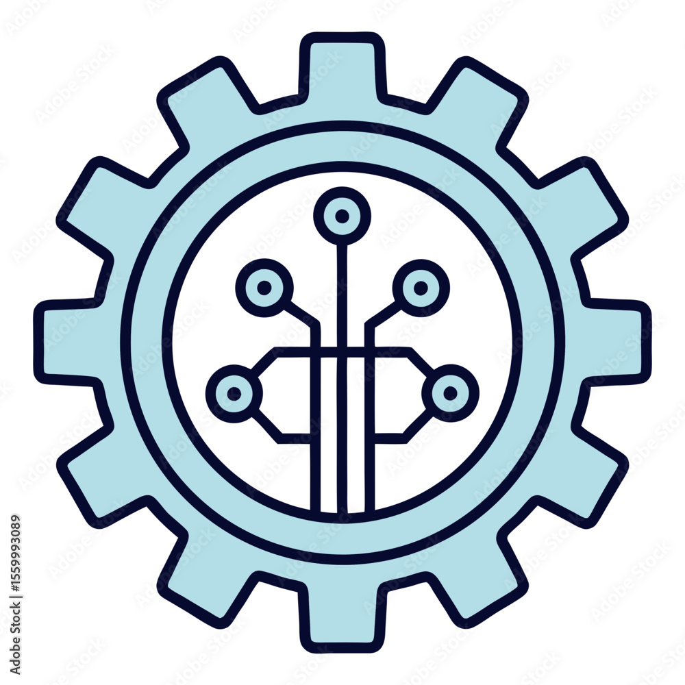 Aufkleber light blue gear outline containing a circuit board design with connected circles inside it symbol