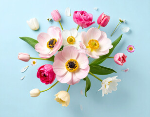 
A charming variety of delicate pink, white, and yellow flowers, including tulips and anemones, levitate gracefully against a soft pastel blue background