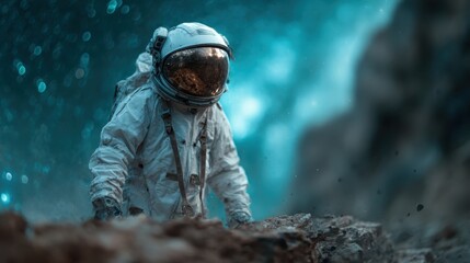 An astronaut navigates a rocky, otherworldly landscape, showcasing human exploration and the quest for discovery in a stunning cosmic environment.