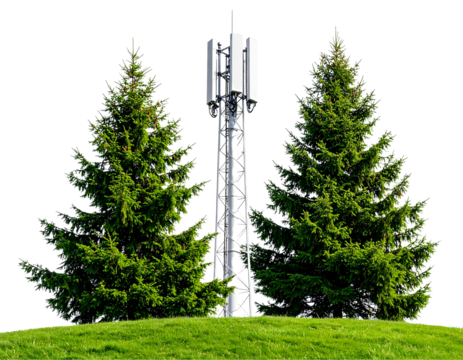  White Cellular Communication Tower with Two Green Trees on Vibrant Grass, Minimalist White Background, Isolated PNG