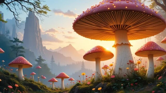 Glowing Mushrooms in Fantasy Forest at Sunset. 4k video