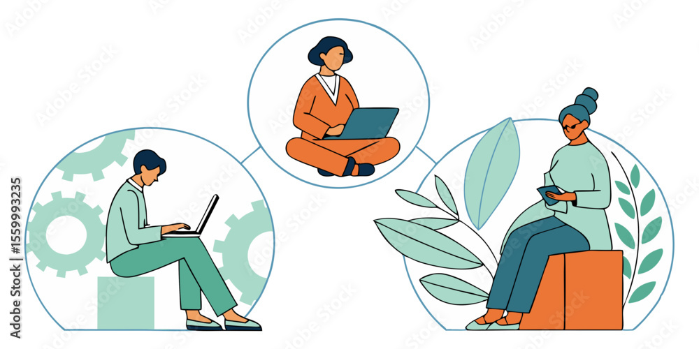 Poster three people working remotely with laptops and phones connected in a network environment design