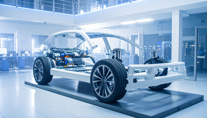 Futuristic electric vehicle with transparent body showing internal systems, displayed in a high-tech lab with advanced lighting and clean environment.