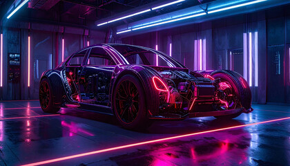 Futuristic electric vehicle with transparent body showing internal systems, displayed in a high-tech lab with advanced lighting and clean environment.