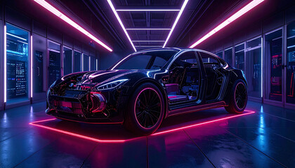 Futuristic electric vehicle with transparent body showing internal systems, displayed in a high-tech lab with advanced lighting and clean environment.