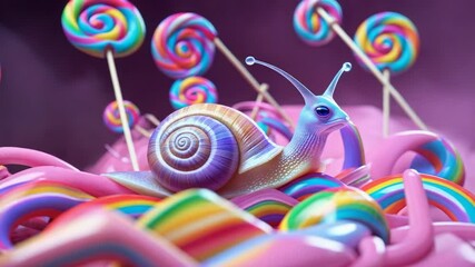 Pausing then crawling snail with rainbow shell crossing candy ropes at purple scene, with lollipops - Powered by Adobe