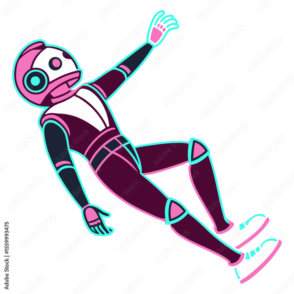 Poster a stylized rendering of a humanoid robot figure in a dynamic pose against a white background space