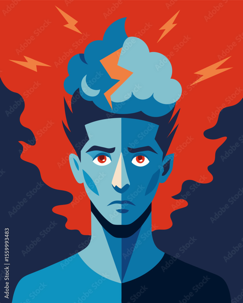 Poster a fractured mind unable to align thoughts and beliefs causing constant inner turmoil.. vector illust