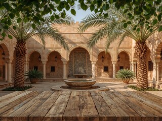 Beige Courtyard with Wooden Table Palm Trees and Fountain