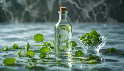 A bottle of water surrounded by fresh gotu kola leaves on a calm water surface, creating a natural, refreshing, and serene atmosphere.