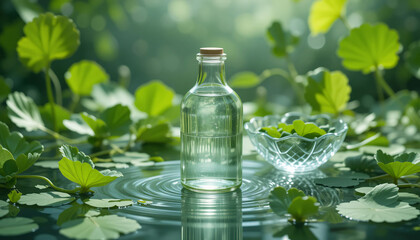 A bottle of water surrounded by fresh gotu kola leaves on a calm water surface, creating a natural, refreshing, and serene atmosphere.
