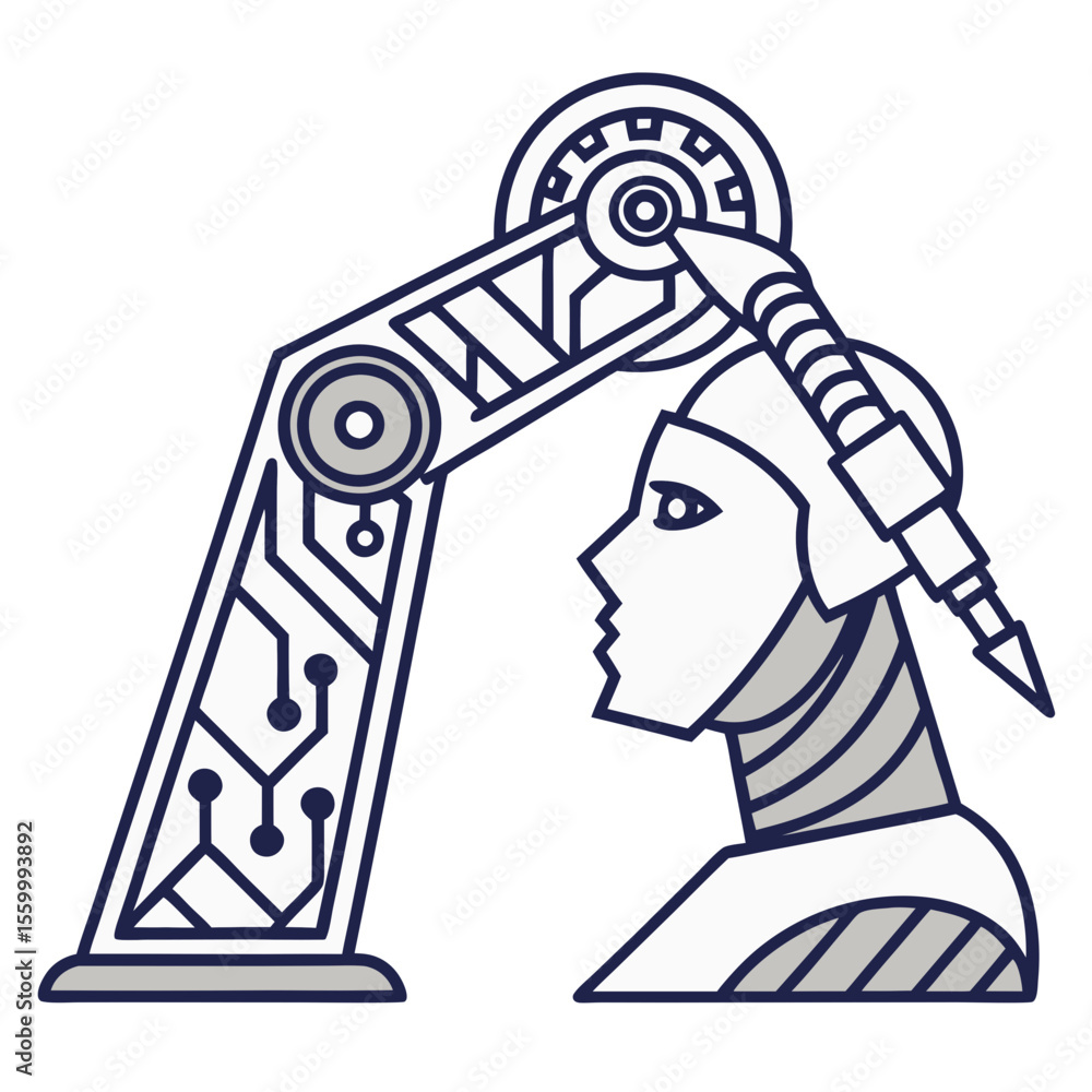 Poster robotic arm with circuit design positioned above a humanoid head in a futuristic depiction style
