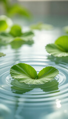 Fresh gotu kola leaves floating on water with soft ripples and dew drops, evoking natural purity, wellness, and herbal skincare aesthetics.