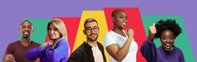 Portraits of confident individuals from different backgrounds united by optimism and determination....