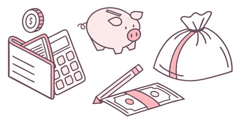 Objects depicting finances with a coin, wallet, piggy bank, money bag, bills, and a pencil shown