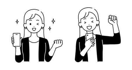 スマホを持つ女性のイラストセット