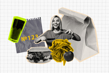 Full 3d art trend collage of happy girl hold fork knife eat cheeseburger package order french fries...