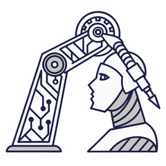 Robotic arm with circuit design positioned above a humanoid head in a futuristic depiction style