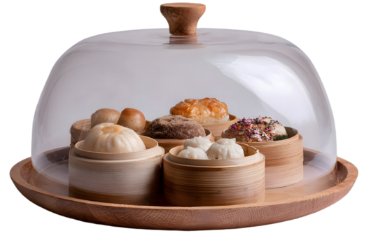 Assorted dim sum delicacies presented under a glass dome on a wooden platter, showcasing culinary art