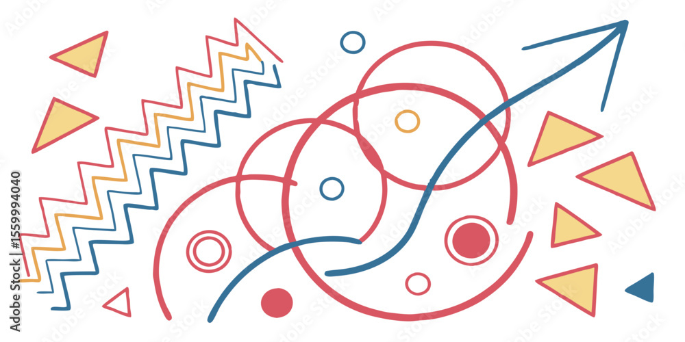 Poster abstract design featuring geometric shapes like circles triangles and a zigzag line with an arrow po