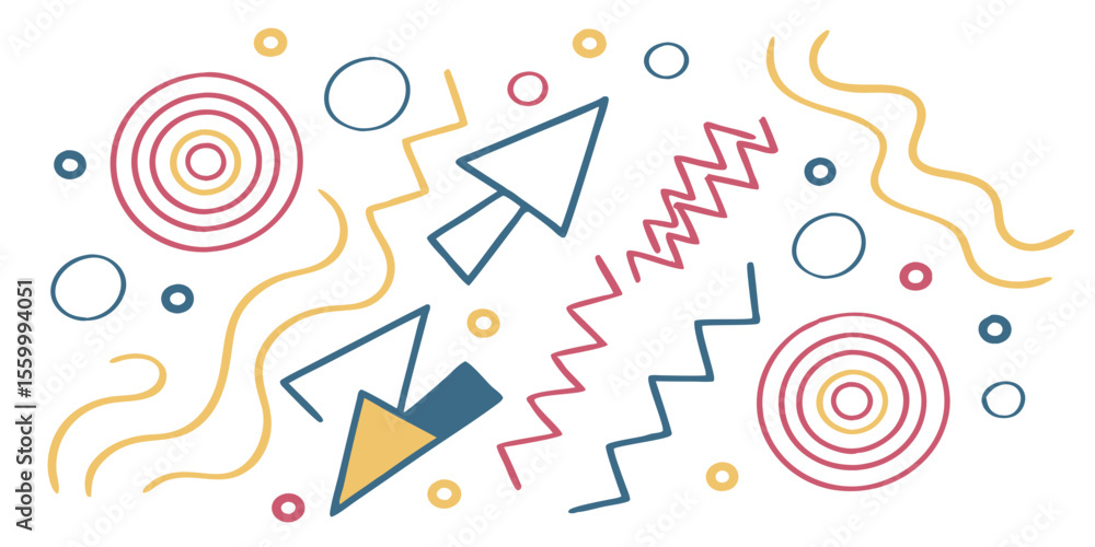 Poster abstract composition with arrows circles zigzags and wavy lines in a playful and colorful design sty