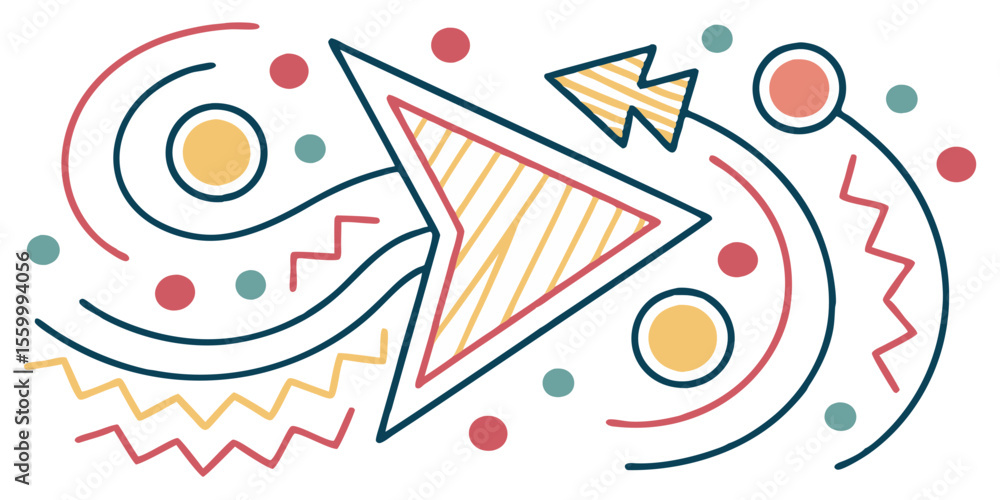 Poster abstract design featuring a forward pointing arrow with circles and zigzags in various colors