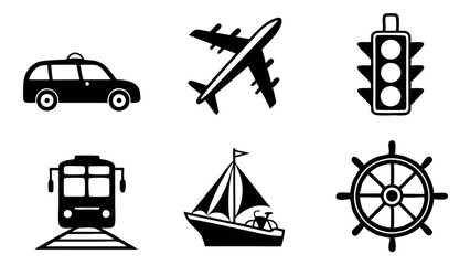 A collection of transportation themed graphics including a taxi, airplane, train, and sailboat icons