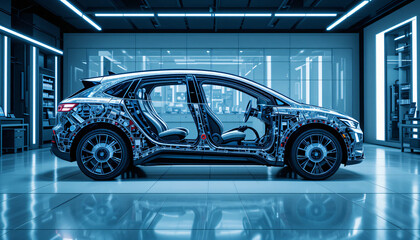 Futuristic electric vehicle with transparent body showing internal systems, displayed in a high-tech lab with advanced lighting and clean environment.